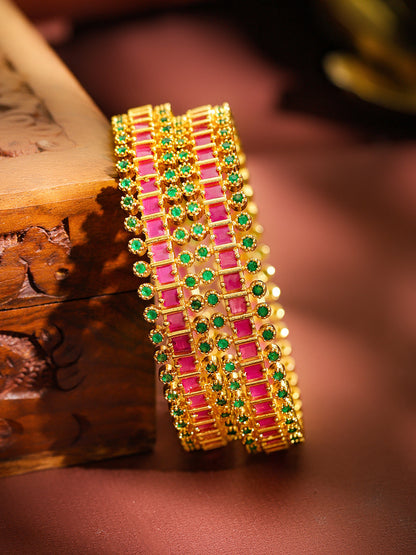 Pink & Green Hues Golden Bangles Set Of 2
