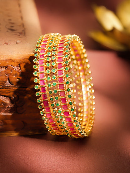 Pink & Green Hues Golden Bangles Set Of 2