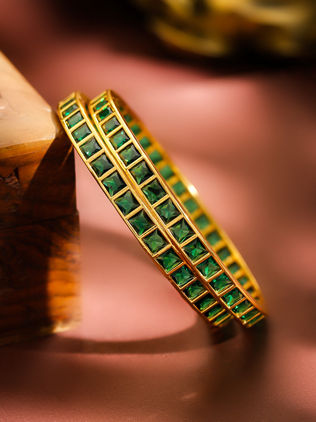 Gold Toned Green Bangles Set Of 2