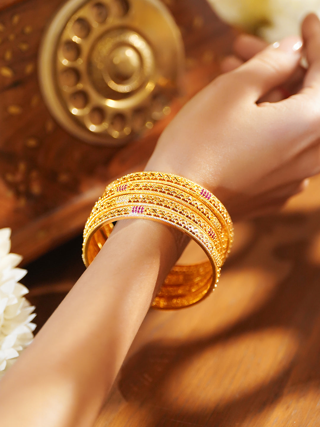 White Studded Gold Toned Bangles Set Of 4
