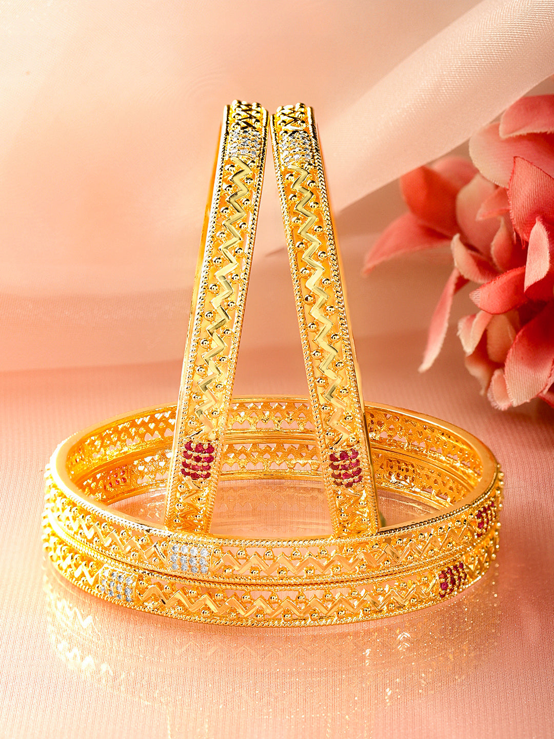 White Studded Gold Toned Bangles Set Of 4