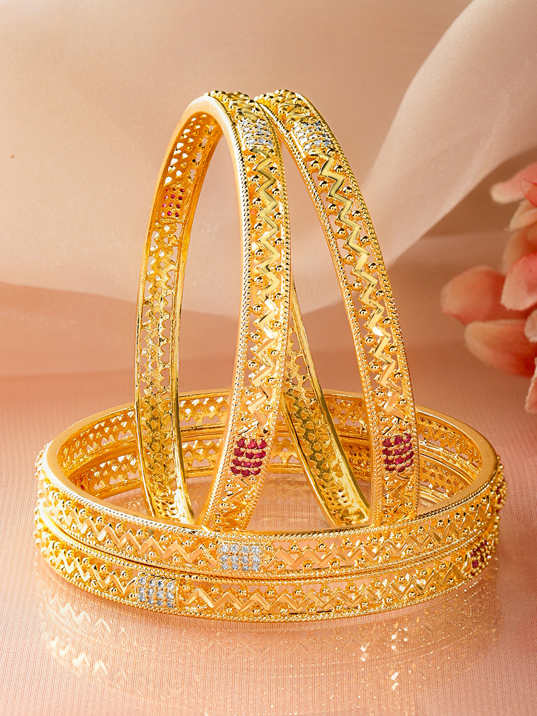 White Studded Gold Toned Bangles Set Of 4