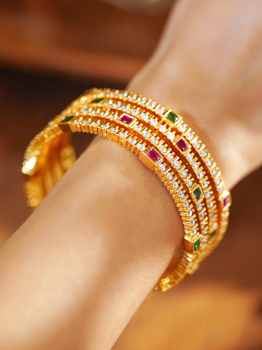 Set Of 4 American Diamond Zirconia Golden Bangles