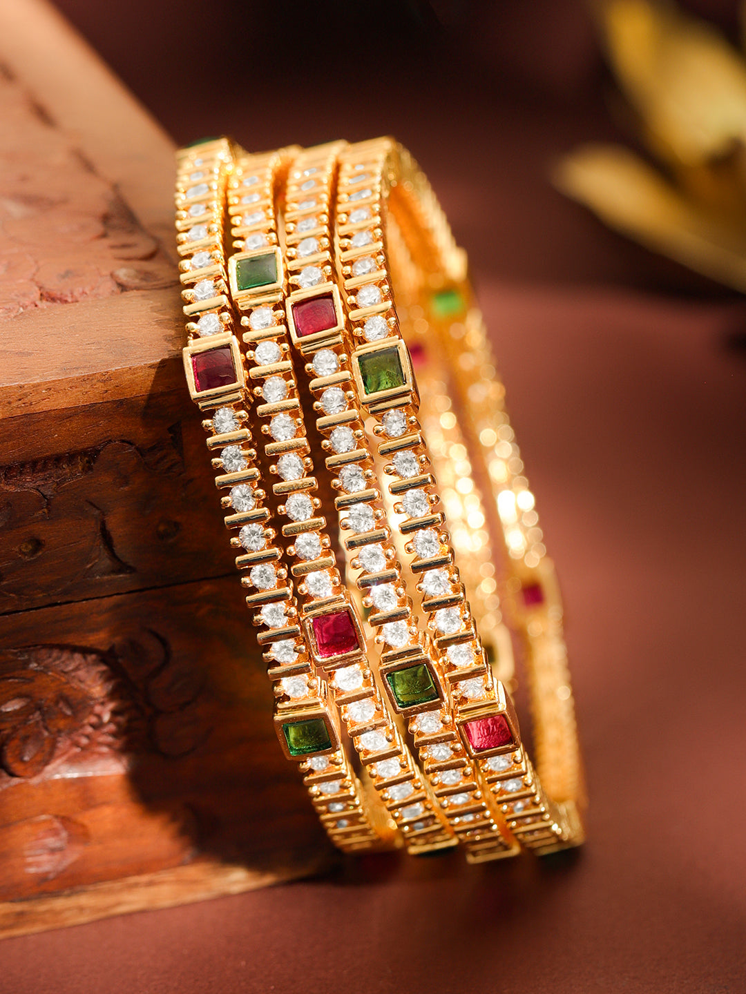 Set Of 4 American Diamond Zirconia Golden Bangles