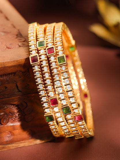 Set Of 4 American Diamond Zirconia Golden Bangles