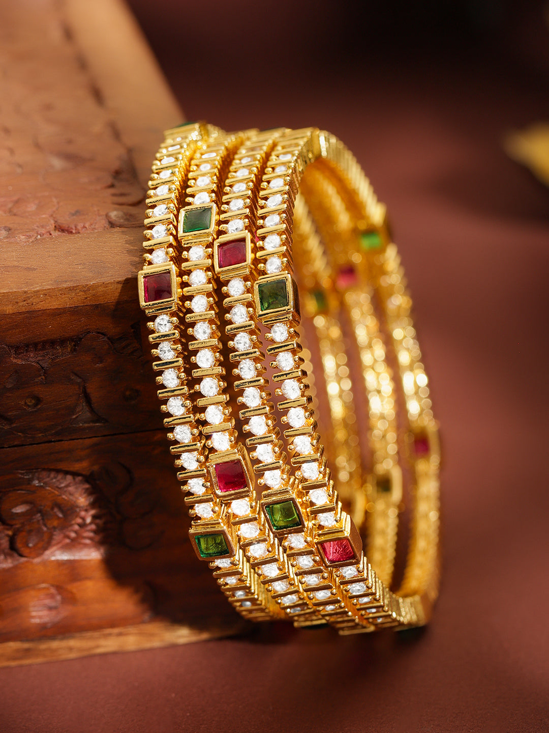 Set Of 4 American Diamond Zirconia Golden Bangles