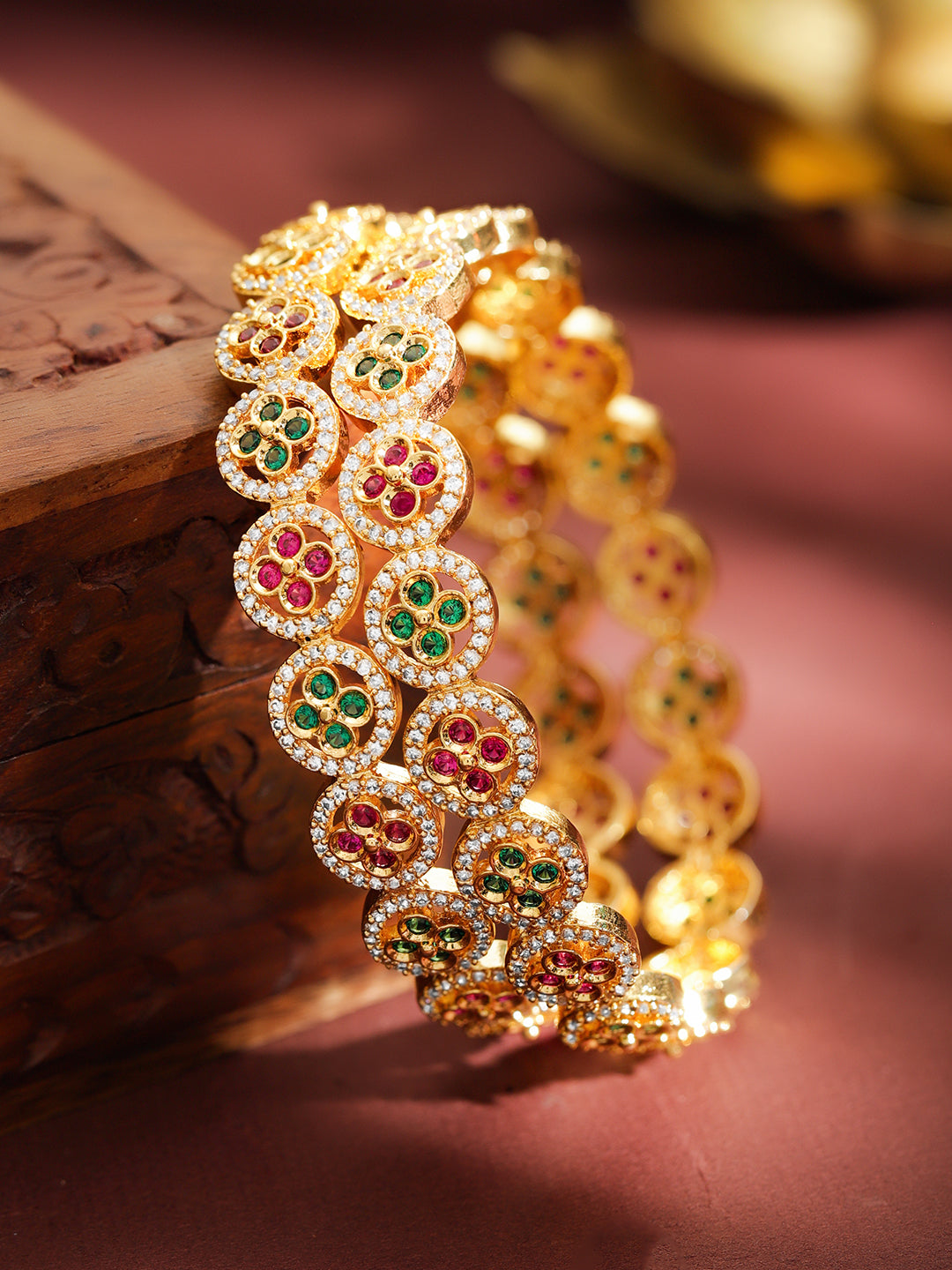 American Diamond Zirconia Pink & Green Bangles Set Of 2