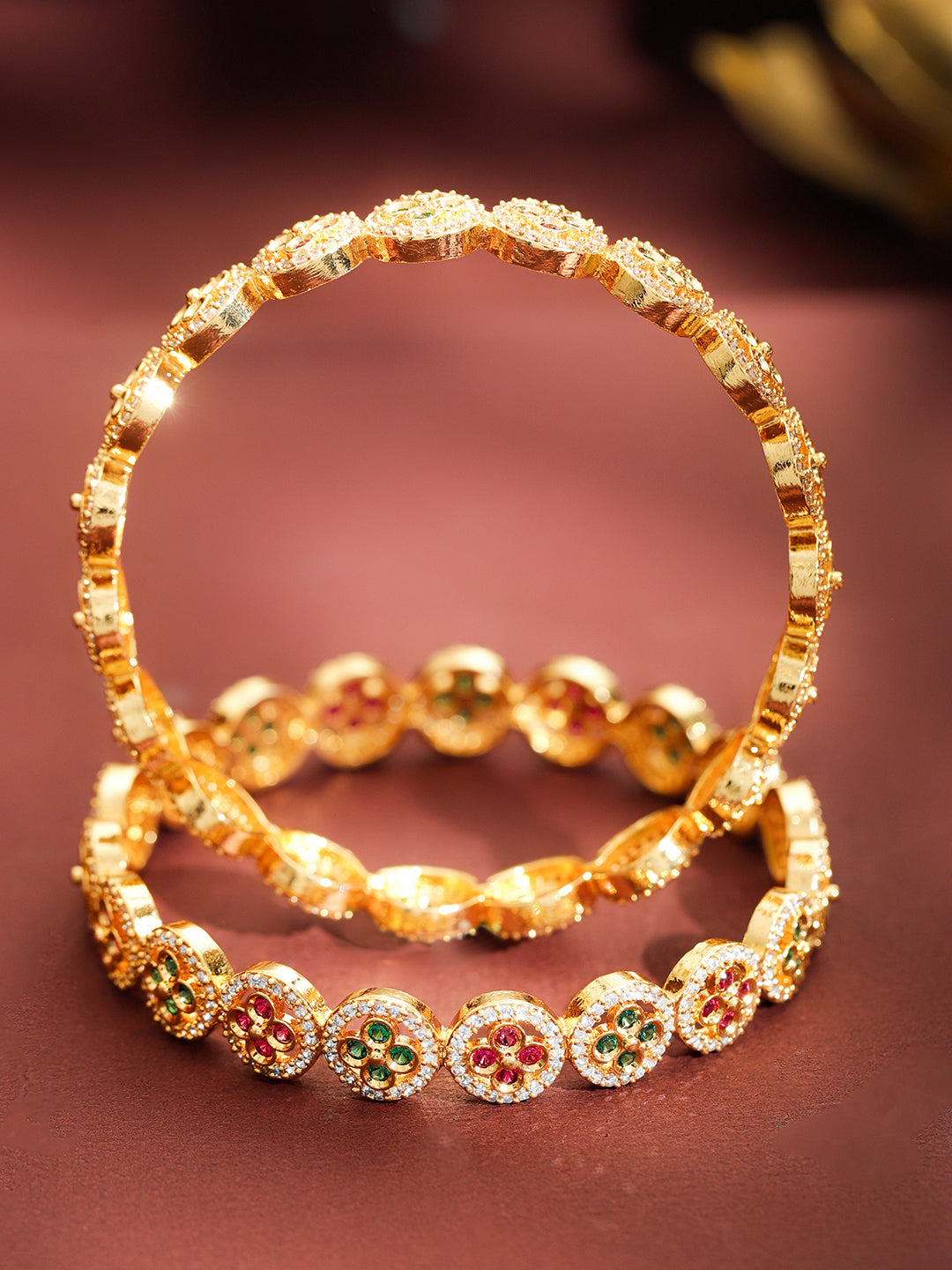 American Diamond Zirconia Pink & Green Bangles Set Of 2