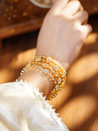 Floral American Diamond Zirconia Gold Bangles Set Of 4