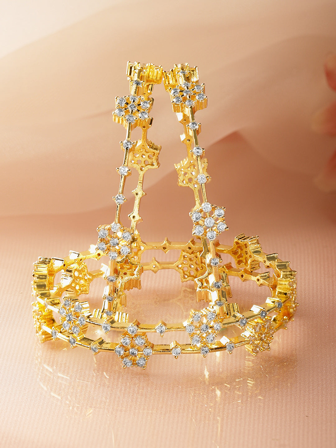 Floral American Diamond Zirconia Gold Bangles Set Of 4