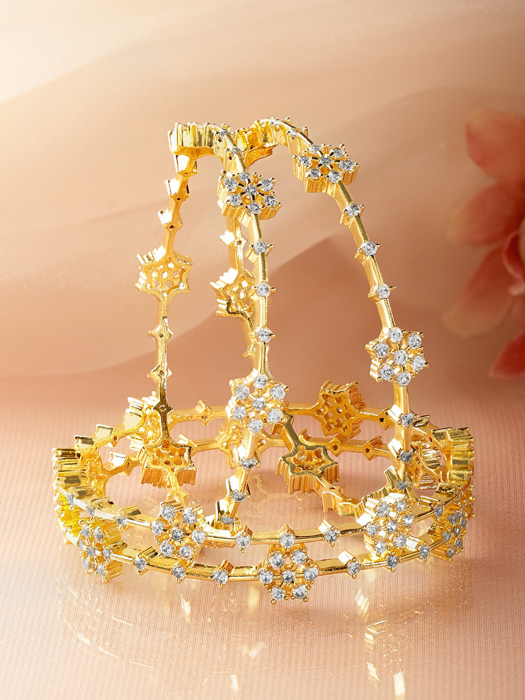Floral American Diamond Zirconia Gold Bangles Set Of 4
