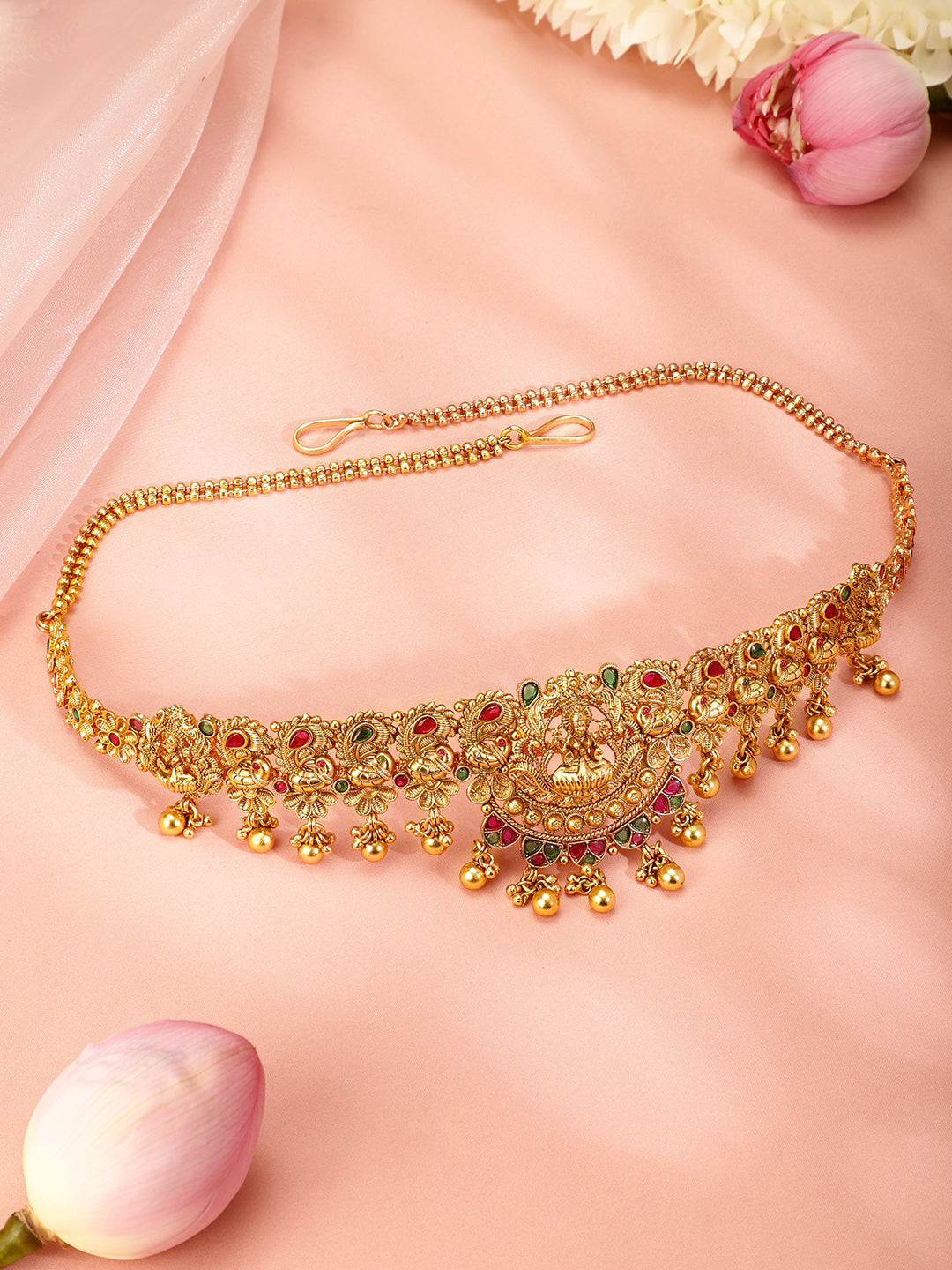 Rubans 22k Gold-Plated Ruby Pink, Emerald Green Stone Studed Handcrafted Temple Kamarbandh