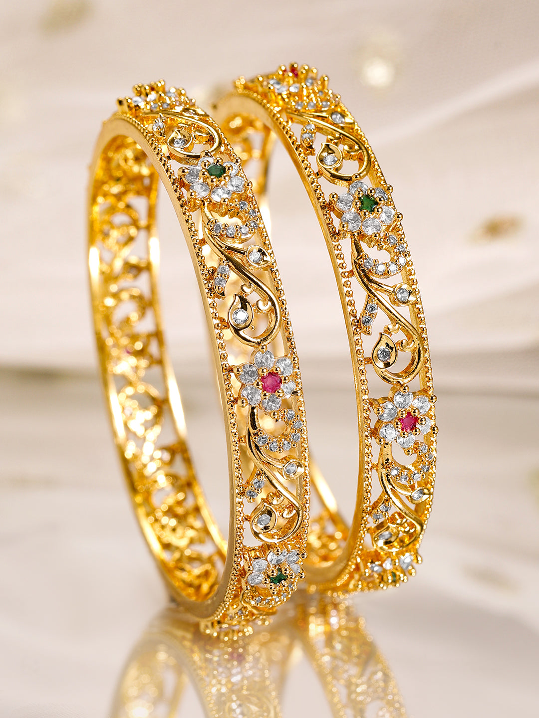 Rubans Set of 2, 22K Gold-Plated Ruby, Emerald & Cubic Zirconia Studded Handcrafted Bangles