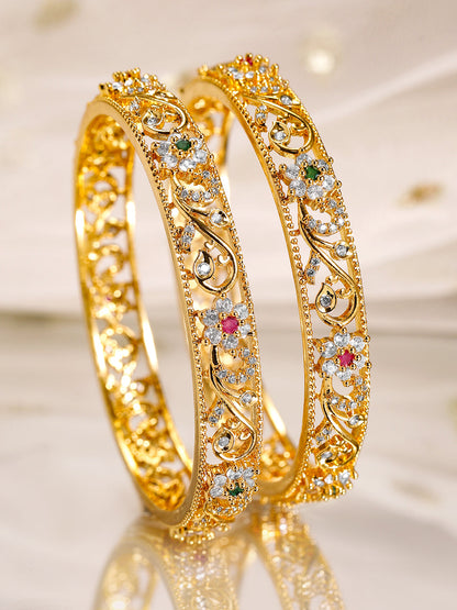 Rubans Set of 2, 22K Gold-Plated Ruby, Emerald & Cubic Zirconia Studded Handcrafted Bangles
