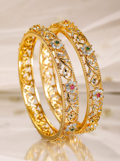 Rubans Set of 2, 22K Gold-Plated Ruby, Emerald & Cubic Zirconia Studded Handcrafted Bangles