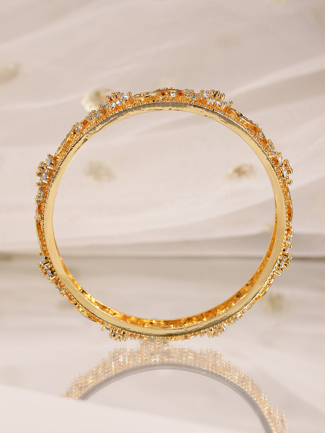 Rubans Set of 2, 22K Gold-Plated Ruby, Emerald & Cubic Zirconia Studded Handcrafted Bangles