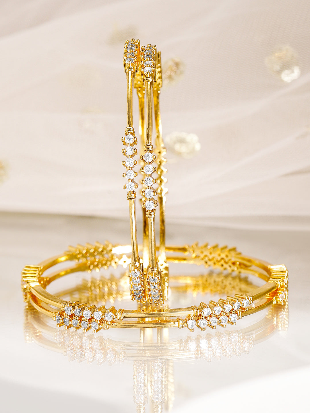 Rubans Set of 4, 22K Gold-Plated & Cubic Zirconia Studded Handcrafted Bangles