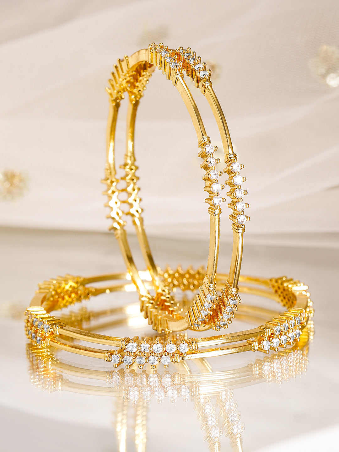 Rubans Set of 4, 22K Gold-Plated & Cubic Zirconia Studded Handcrafted Bangles