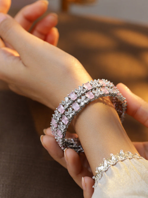 Rubans Set of 2 Rhodium-Plated Pastel Pink & White Cubic Zirconia Studded Bangles