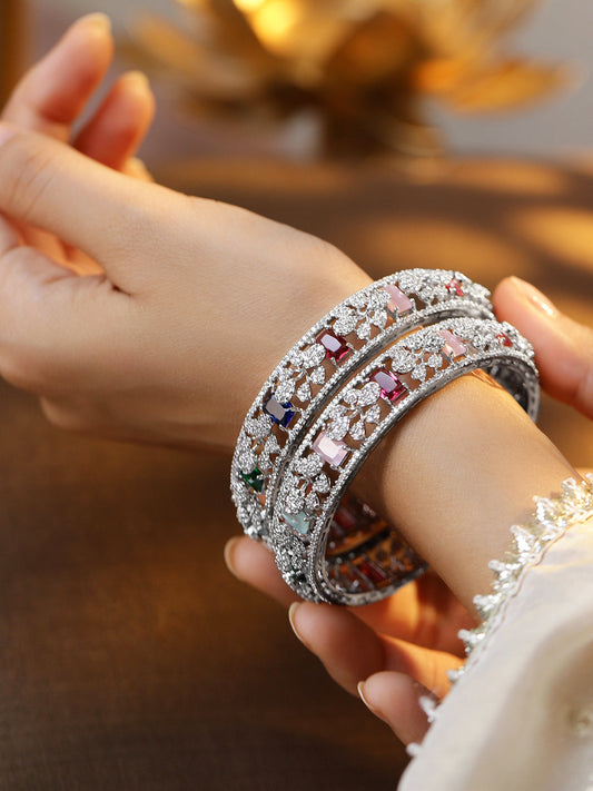Rubans Set of 2 Rhodium-Plated Multicolor AAA Cubic Zirconia Studded Handcrafted Bangles