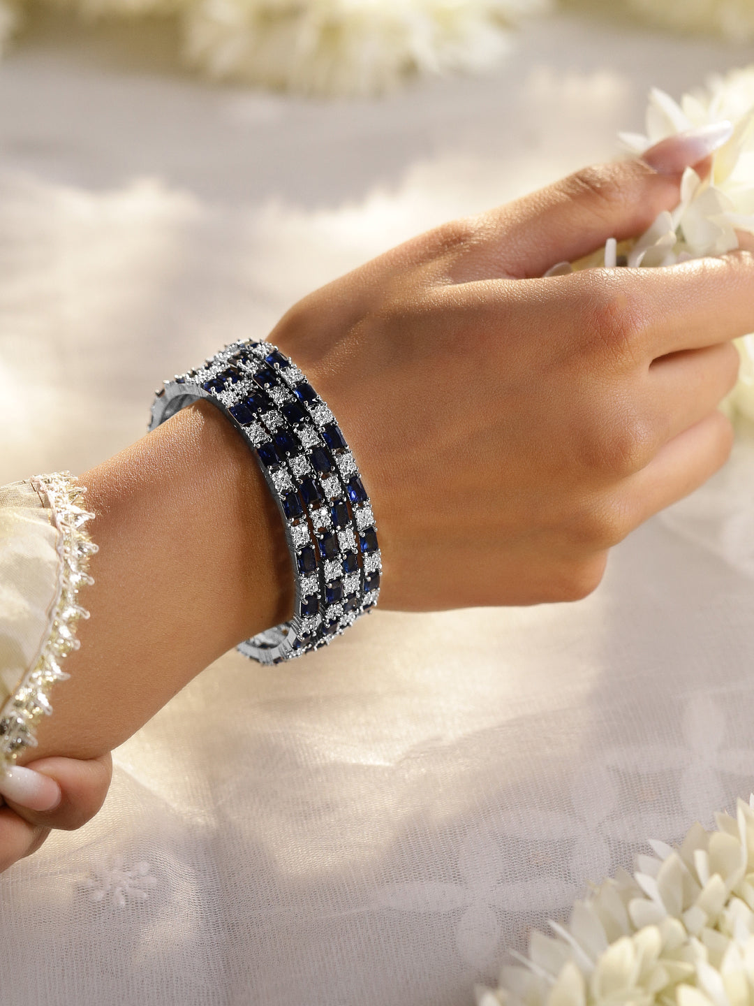Rubans Set of 4 Rhodium-Plated Blue Sapphire & Cubic Zirconia Studded Premium Bangles