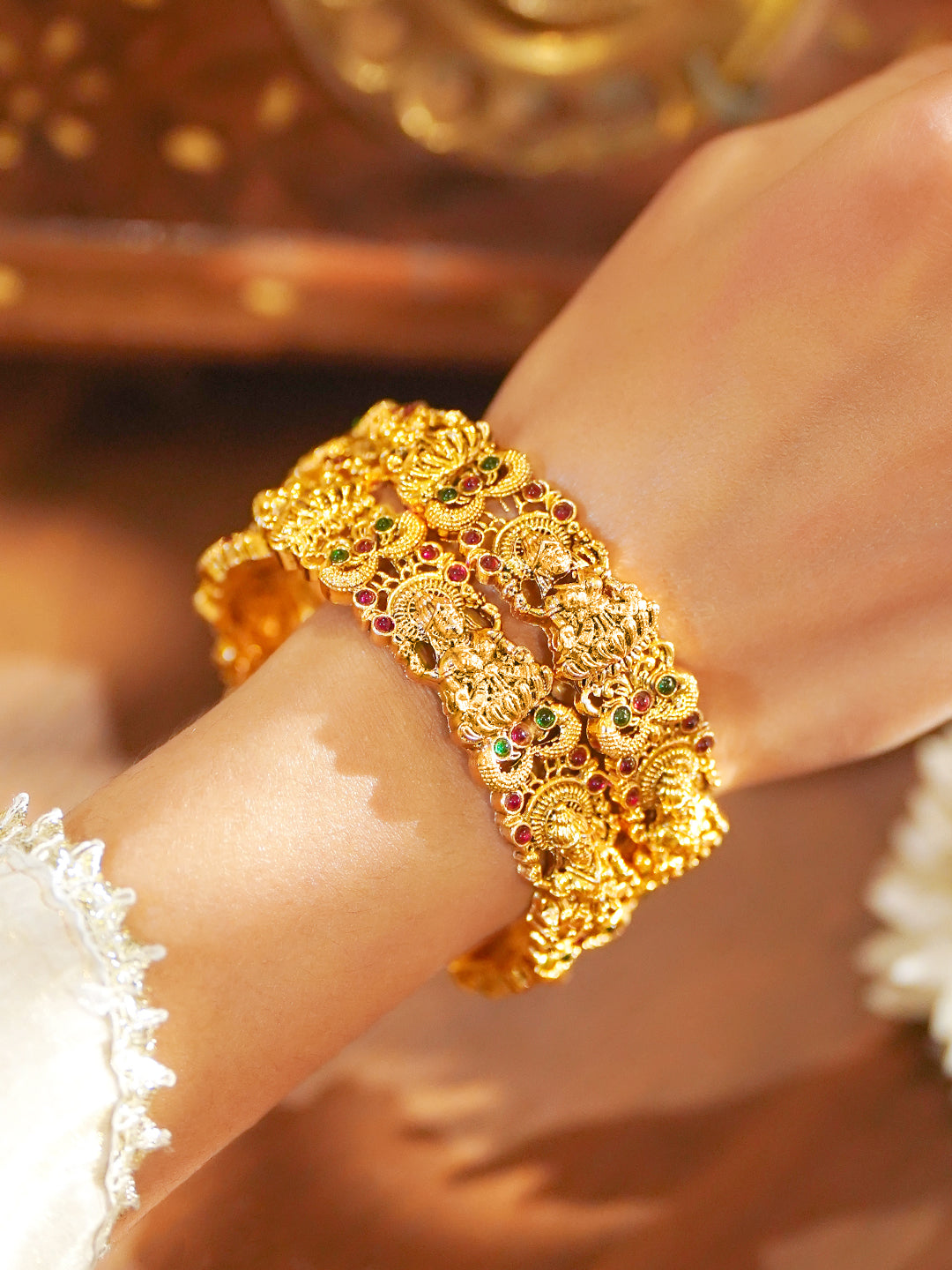 Gold Toned Temple Bangles Set Of 2