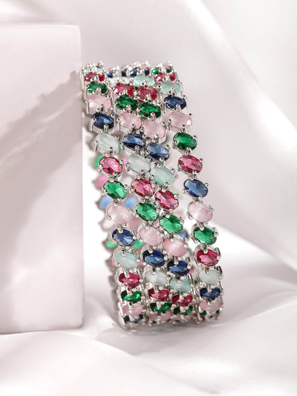 Set of 4 Rhodium-Plated Multicolor Gemstone Studded Traditional Bangles