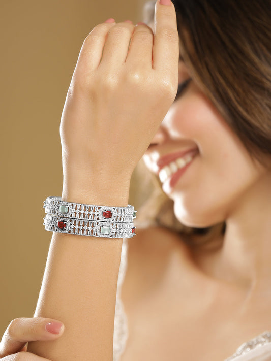Set of 2 Rhodium-Plated Multicolor Gemstone & Cubic Zirconia Studded Bangles