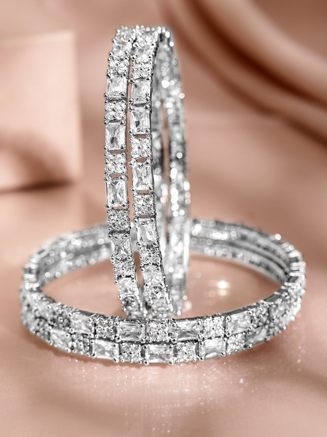Rubans Set of 4 Rhodium-Plated Silver-Tone Cubic Zirconia Studded Premium Bangles