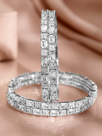 Rubans Set of 4 Rhodium-Plated Silver-Tone Cubic Zirconia Studded Premium Bangles