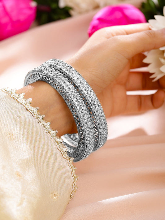 Rubans Set of 2 Rhodium-Plated White Cubic Zirconia Studded Luxe Bangles for Women