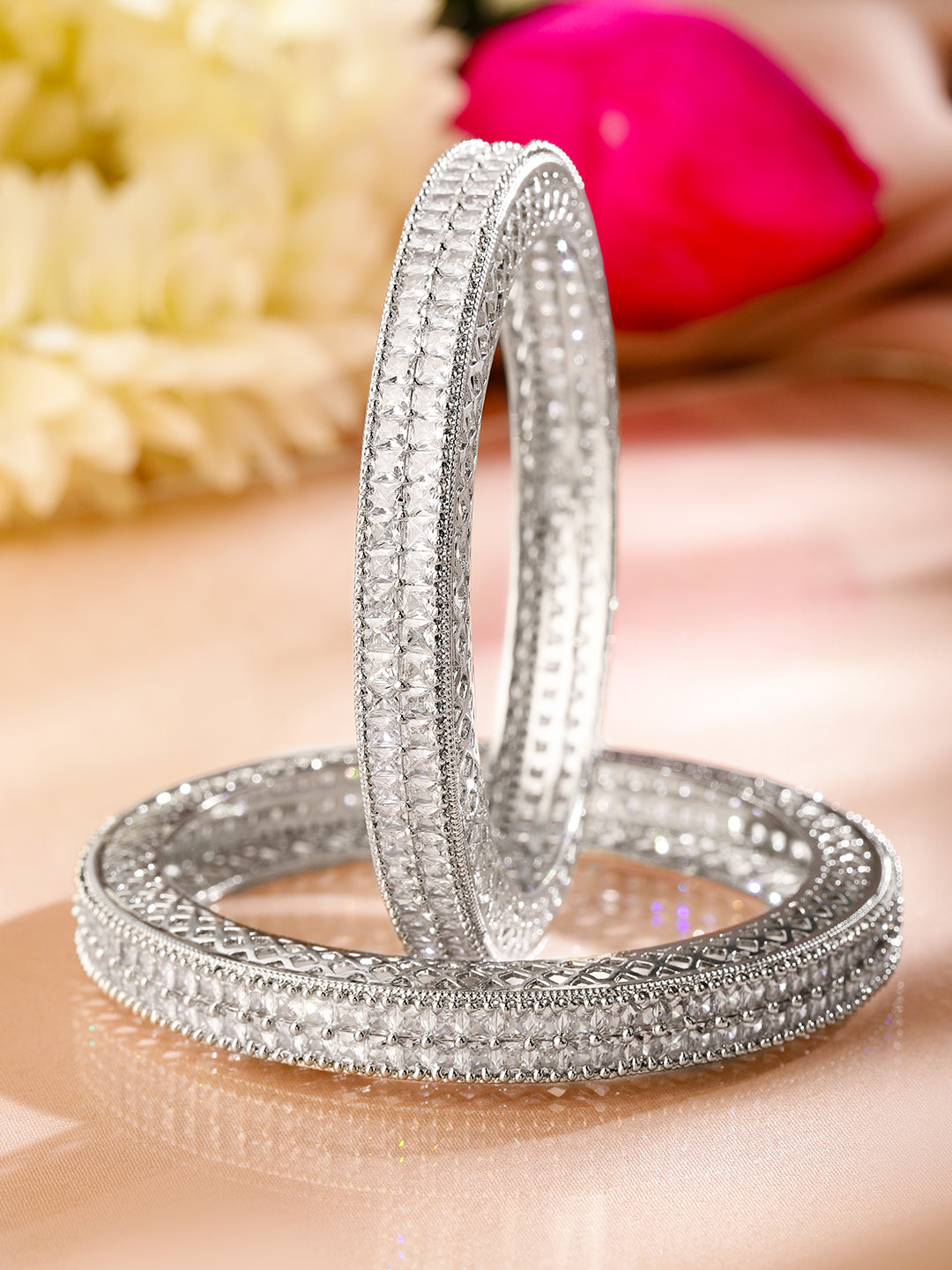 Rubans Set of 2 Rhodium-Plated White Cubic Zirconia Studded Luxe Bangles for Women