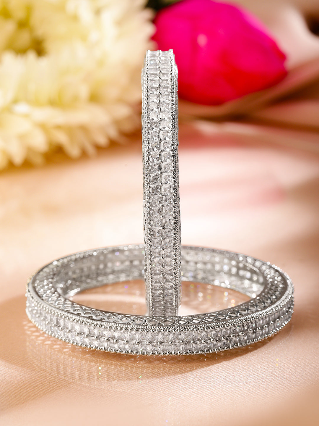 Rubans Set of 2 Rhodium-Plated White Cubic Zirconia Studded Luxe Bangles for Women
