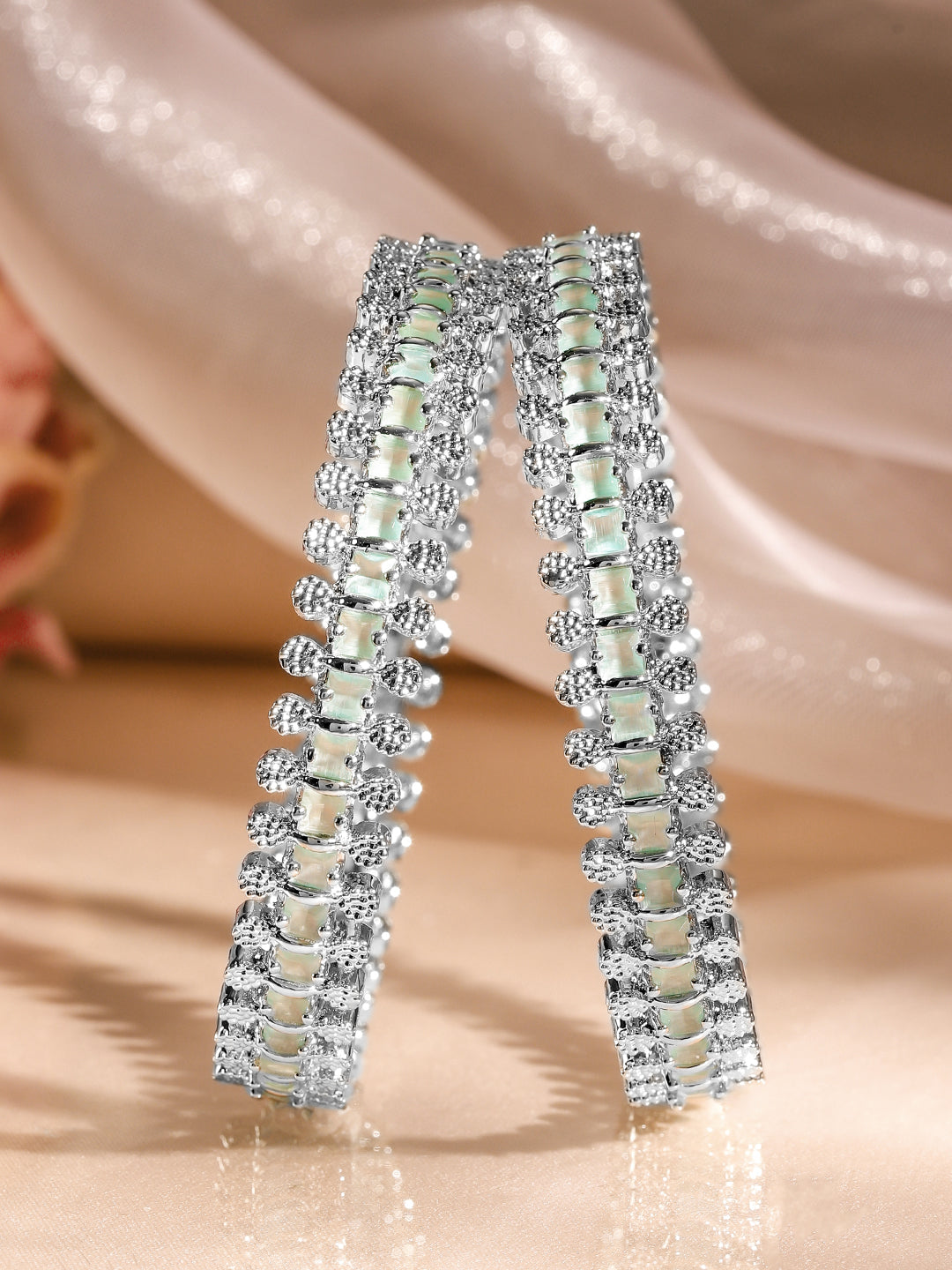 Rubans Set of 2 Rhodium-Plated White & Mint Green Cubic Zirconia Studded Handcrafted Luxe Bangles