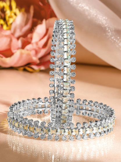 Rubans Set of 2 Rhodium-Plated White & Mint Green Cubic Zirconia Studded Handcrafted Luxe Bangles