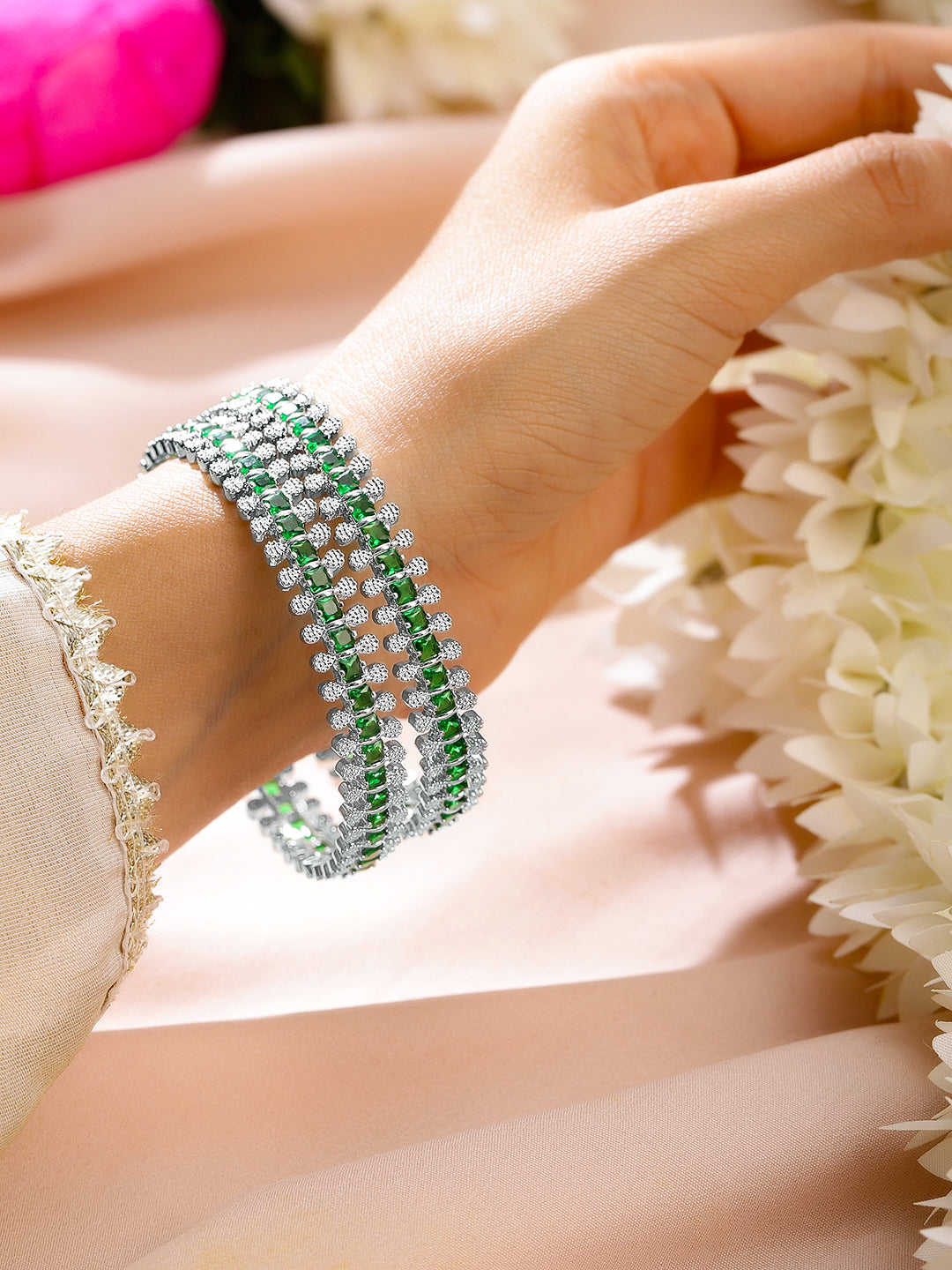 Rubans Set of 2 Rhodium-Plated Emerald Green & White Cubic Zirconia Studded Luxe Bangles