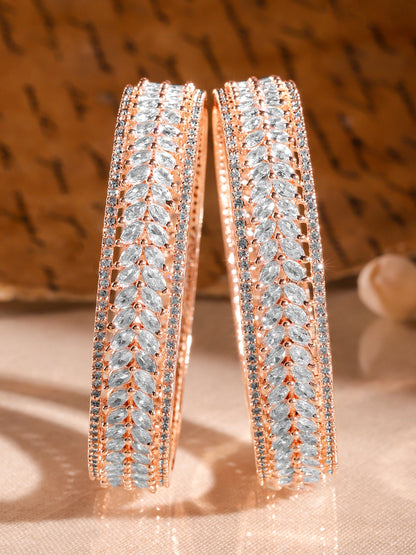 Rubans Set of 2 22K Rose Gold-Plated  White Cubic Zirconia Studded Leaf Motif Handcrafted Premium Bangles
