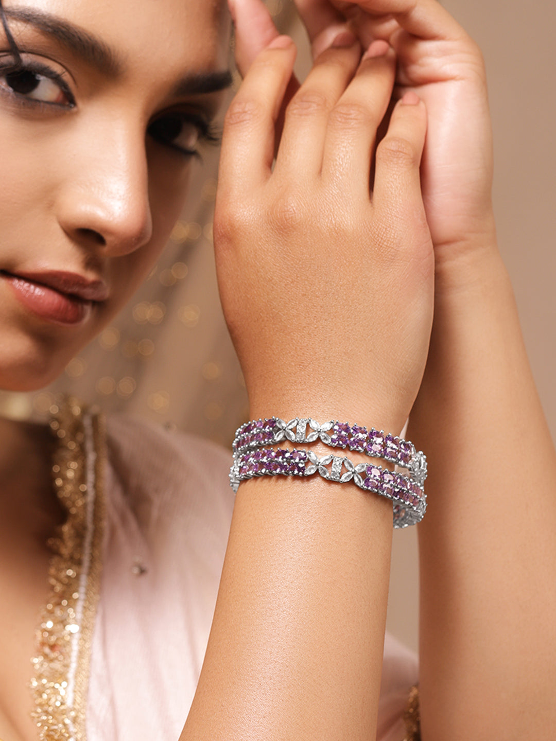 American Diamond Zirconia Purple Bangles Set Of 2