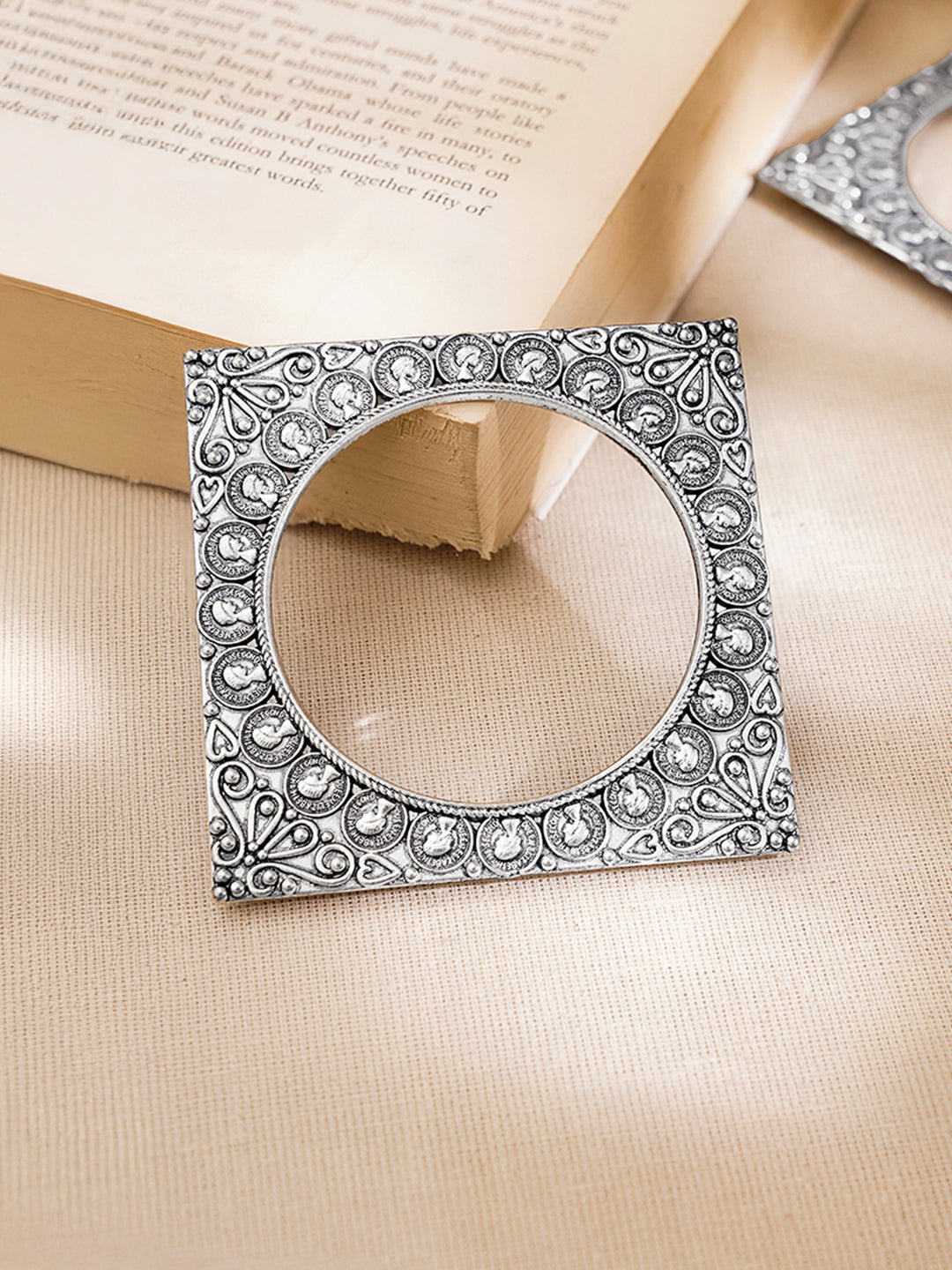 Oxidised Engraved Square Carved Statement Bangles