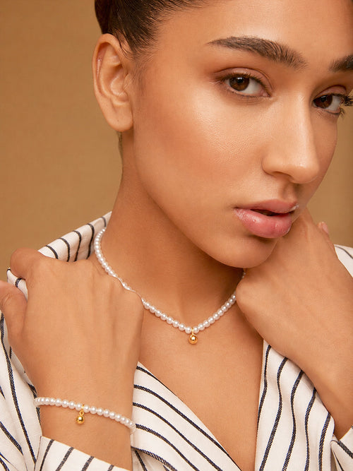 Demi Fine 18K Gold Plated Stainless Steel Pearl Beaded Chain & Bracelet Set