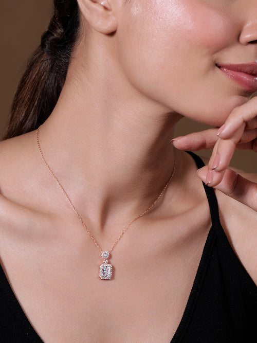Voguish Rhodium Plated Sparkling AD & Cubic Zirconia Studded Rectangle Pendant Necklace