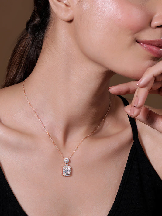 Voguish Rhodium Plated Sparkling AD & Cubic Zirconia Studded Rectangle Pendant Necklace
