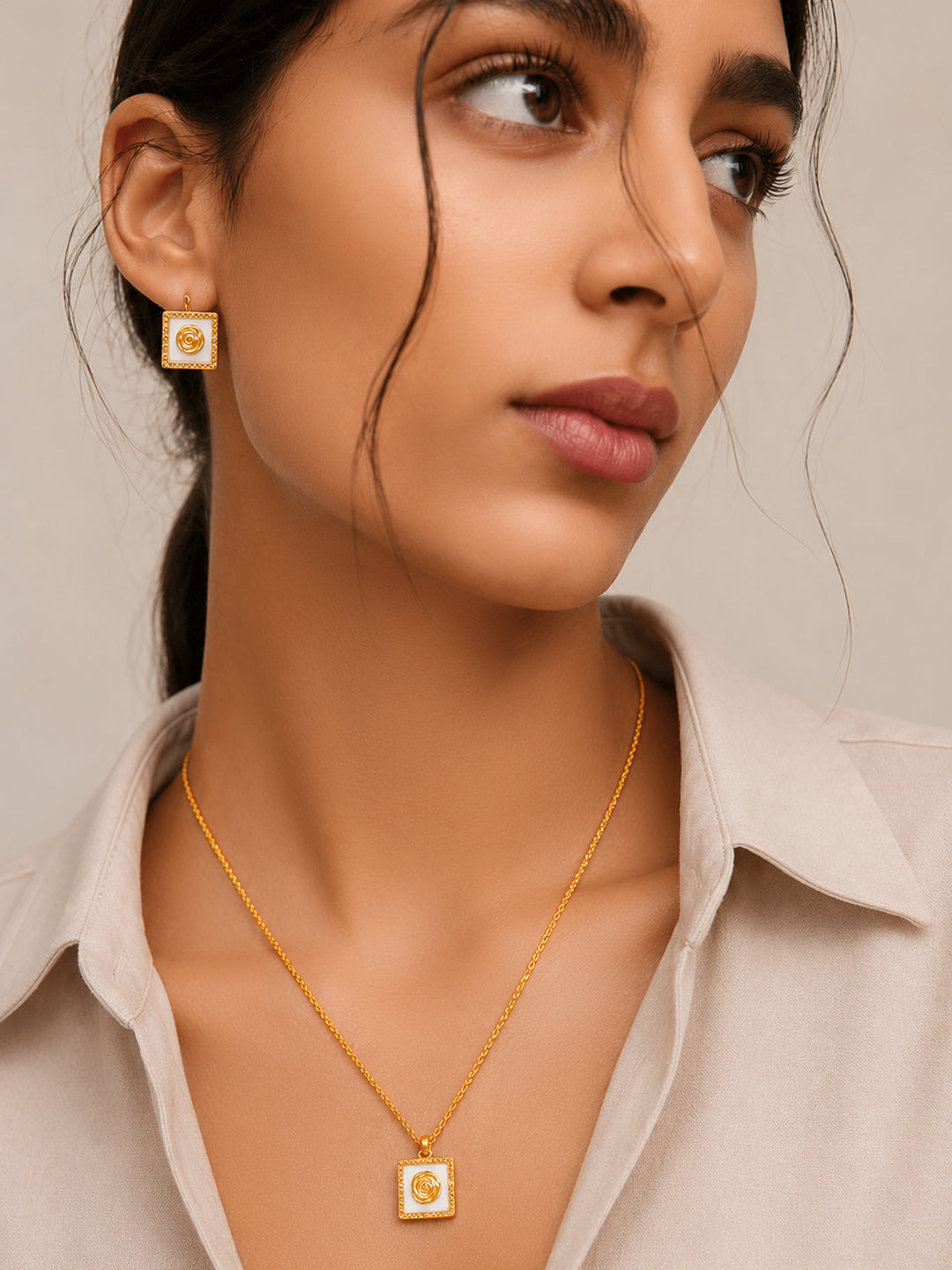 Demi Fine 18K Gold Plated Stainless Steel Enamel Rose Necklace Set