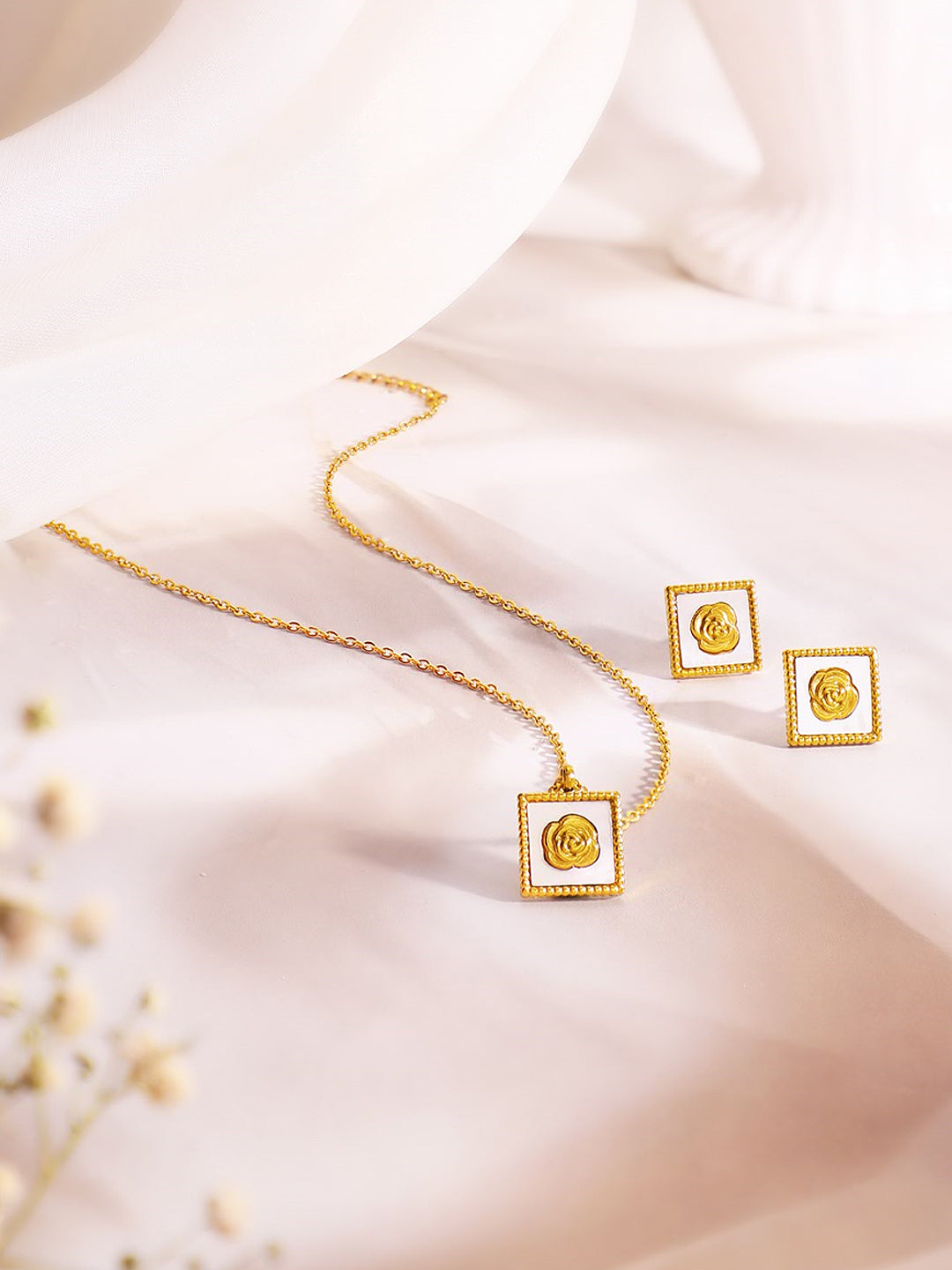 Demi Fine 18K Gold Plated Stainless Steel Enamel Rose Necklace Set