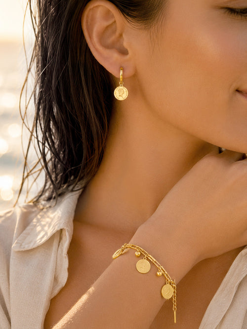 Demi Fine 18K Gold Plated Stainless Steel Coin Charm Bracelet & Drop Earrings