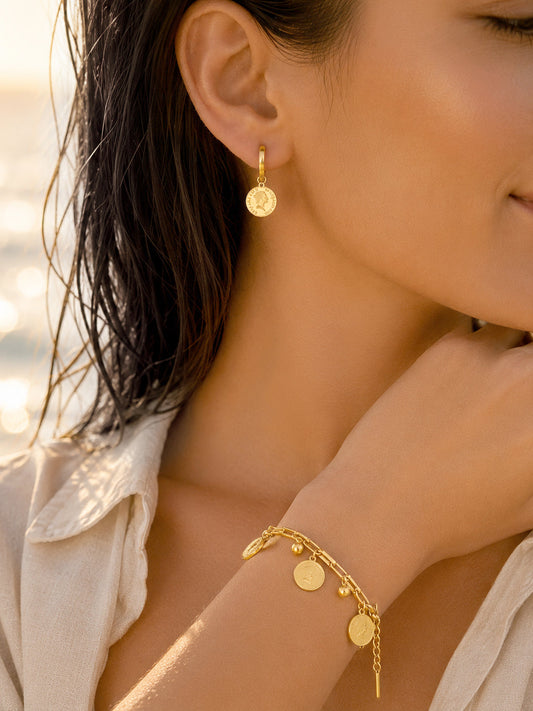 Demi Fine 18K Gold Plated Stainless Steel Coin Charm Bracelet & Drop Earrings