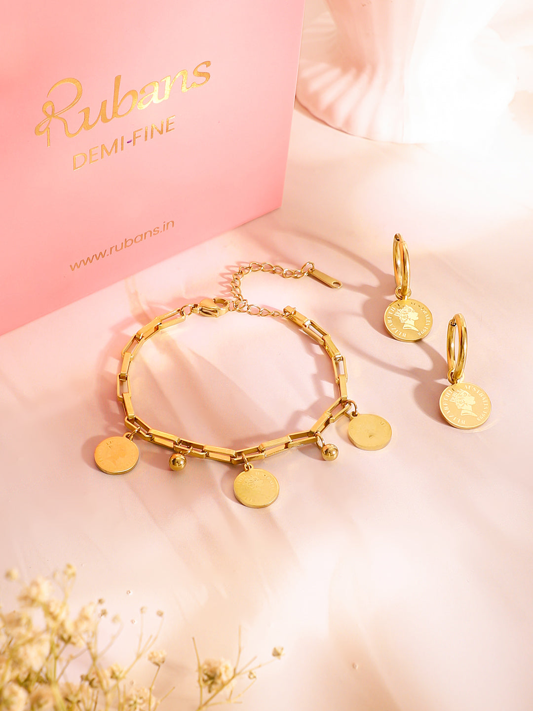 Demi Fine 18K Gold Plated Stainless Steel Coin Charm Bracelet & Drop Earrings