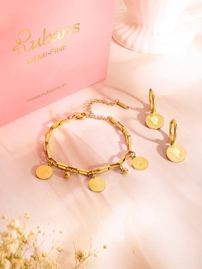 Demi Fine 18K Gold Plated Stainless Steel Coin Charm Bracelet & Drop Earrings