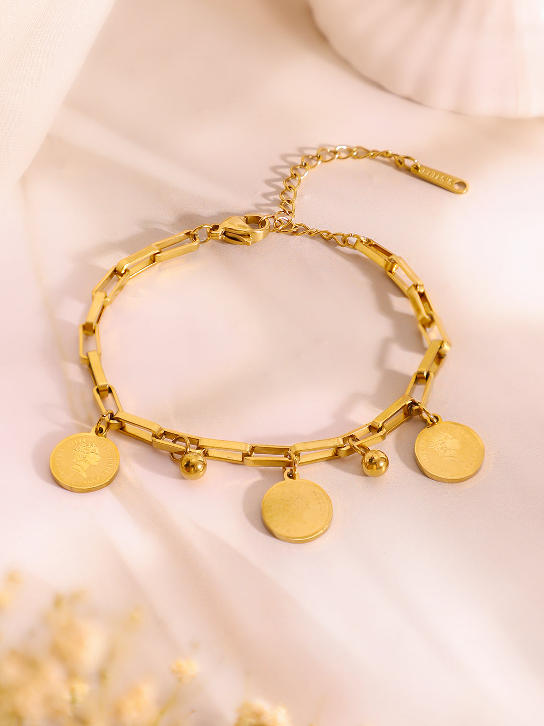Demi Fine 18K Gold Plated Stainless Steel Coin Charm Bracelet & Drop Earrings