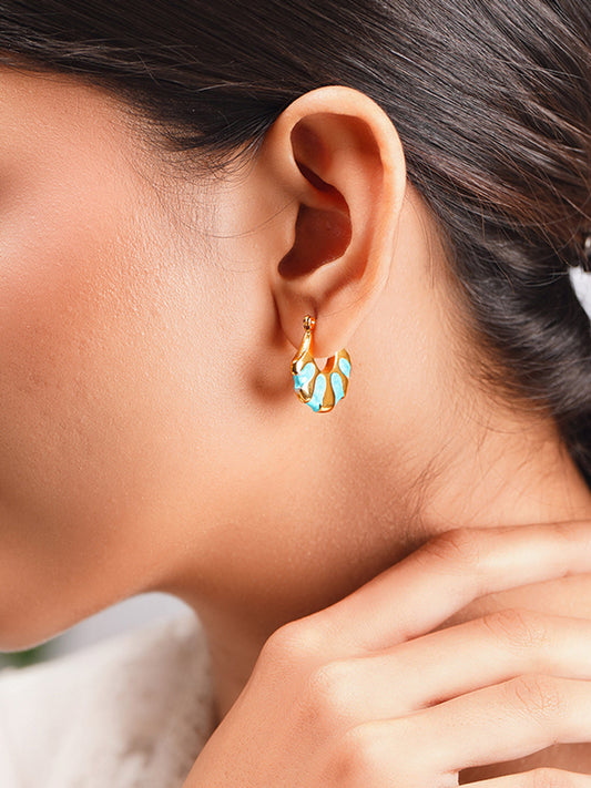 Demi Fine 18K Gold Plated Stainless steel Turquoise Enamel Pattern Hoops Earrings